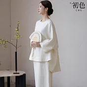 【初色】斜襟盤扣圓領長袖上衣女上衣+寬鬆休閒禪意中式亞麻長裙中長裙套裝-白色-11806(M-2XL可選) M 白色