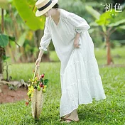 【初色】棉麻風純色簡約V領長袖荷葉邊寬鬆中大尺碼連身裙中長裙連衣裙連身洋裝長裙-白色-11808(M-2XL可選) M 白色