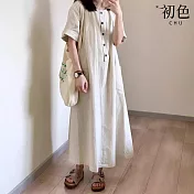 【初色】法式復古純色圓領短袖中長連衣裙連身洋裝-米白色-11809(M-2XL可選) M 米白色