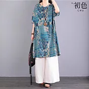 【初色】民族風亞麻薄款大碼遮肚圖案印花圓領五分袖襯衫裙中長裙連衣裙連身洋裝-藍色-11811(M-2XL可選) M 藍色