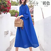 【初色】亞麻休閒小立領寬鬆七分長袖排扣襯衫連衣裙連身洋裝長洋裝-共2色-11813(M-2XL可選) M 藍色