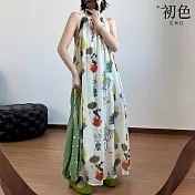 【初色】度假風清涼亞麻薄款文藝印花掛脖無袖休閒連衣裙連身洋裝長洋裝-花色-11862(M-2XL可選) M 花色