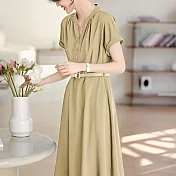 【MsMore】 優雅氣質插肩設計連身裙圓領通勤簡約收腰顯瘦襯衫長版短袖洋裝# 124870 2XL 黃色