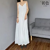 【初色】純色簡約V領無袖吊帶裙打底裙中長連衣裙連身洋裝-白色-11815(M-2XL可選) M 白色