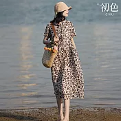 【初色】休閒風滿版碎花修身翻領短袖襯衫中長連衣裙連身洋裝-花色-11818(M-2XL可選) M 花色