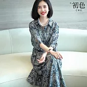 【初色】復古印花圖騰寬鬆中長款POLO領七分袖翻領連身裙中長裙連衣裙連身洋裝長裙-花色-11867(M-2XL可選) M 花色