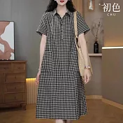 【初色】復古休閒格紋格子寬鬆POLO領短袖翻領襯衫裙中長裙連衣裙連身洋裝長裙-共2色-11870(M-2XL可選) M 黑格