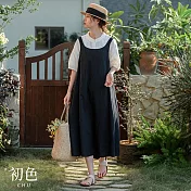 【初色】棉麻風純色簡約吊帶圓領無袖背帶連身裙寬鬆中長裙連衣裙連身洋裝長裙-黑色-11822(L-2XL可選) M 黑色