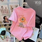 【初色】休閒時尚寬鬆中長款向日葵蝴蝶字母印花圓領短袖T恤上衣女上衣-共2款4色-11517.11518(M-3XL可選) M 向日葵-粉色
