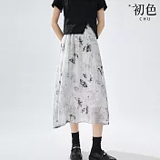 【初色】蝴蝶水墨印花氣質休閒百搭輕薄透氣柔軟滑順A字裙半身裙中長裙-共3色-11753(M-2XL可選) M 灰色