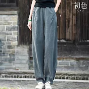【初色】棉麻復古抓褶寬鬆直筒休閒燈籠褲寬褲長褲-共4色-11756(M-2XL可選) M 灰色