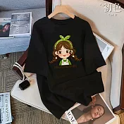 【初色】簡約可愛女孩字母愛心印花圓領短袖寬鬆T恤上衣女上衣-共2款5色-11524.11525(M-3XL可選) M 可愛女孩-黑色