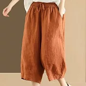 【ACheter】 大碼簡約純色闊腿休閒百搭寬鬆顯瘦麻感七分褲# 124890 M 橘色