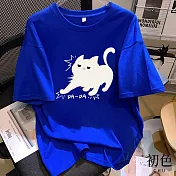 【初色】圓領短袖驚嚇貓貓印花休閒T恤上衣女上衣-共5色-11593(M-3XL可選) M 藍色