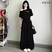 【AMIEE】短款收腰斜肩上衣高腰闊腿褲兩件套(KDAY-913) M 黑色