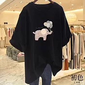 【初色】圓領短袖氣球大象印花休閒T恤上衣女上衣-共9色-11602(M-3XL可選) M 黑色