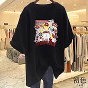 【初色】圓領短袖寬鬆棒球貓咪印花休閒T恤上衣女上衣-共8色-11603(M-3XL可選) M 黑色