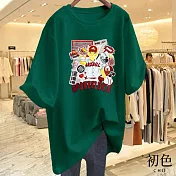 【初色】圓領短袖寬鬆棒球貓咪印花休閒T恤上衣女上衣-共8色-11603(M-3XL可選) M 綠色
