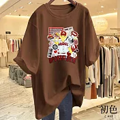 【初色】圓領短袖寬鬆棒球貓咪印花休閒T恤上衣女上衣-共8色-11603(M-3XL可選) M 咖啡色