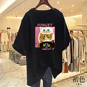 【初色】圓領短袖貓貓印花休閒T恤上衣女上衣-共8色-11604(M-3XL可選) M 黑色