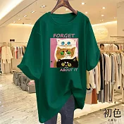 【初色】圓領短袖貓貓印花休閒T恤上衣女上衣-共8色-11604(M-3XL可選) M 綠色