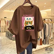 【初色】圓領短袖貓貓印花休閒T恤上衣女上衣-共8色-11604(M-3XL可選) M 咖啡色