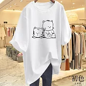 【初色】寬鬆圓領短袖貓貓印花休閒T恤上衣女上衣-共8色-11609(M-3XL可選) M 白色