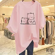 【初色】寬鬆圓領短袖貓貓印花休閒T恤上衣女上衣-共8色-11609(M-3XL可選) M 粉紅色