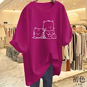 【初色】寬鬆圓領短袖貓貓印花休閒T恤上衣女上衣-共8色-11609(M-3XL可選) M 玫紅色