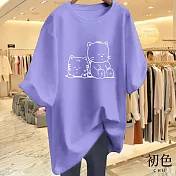 【初色】寬鬆圓領短袖貓貓印花休閒T恤上衣女上衣-共8色-11609(M-3XL可選) M 紫色