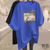 【初色】純色寬鬆圓領短袖藝術印花休閒T恤上衣女上衣-共10色-11611(M-4XL可選) M 藍色