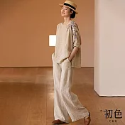 【初色】亞麻風繡花圓領五分長袖T恤女上衣+寬鬆中腰休閒褲寬褲長褲套裝-杏色-12004(M-2XL可選) M 杏色
