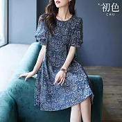 【初色】碎花印花圖騰圓領泡泡袖短袖寬鬆休閒中長裙連衣裙連身洋裝長裙-藏青色-11919(M-3XL可選) M 藏青色
