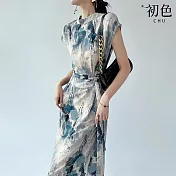 【初色】雪紡水墨印花收腰顯瘦口袋拉鍊圓領花瓣袖短袖中長裙連衣裙連身洋裝-水墨花-36240(M-2XL可選) M 水墨花