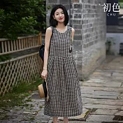 【初色】復古風格紋圓領無袖寬鬆中長連衣裙連身洋裝-黑杏格-11915(M-2XL可選) M 黑杏格