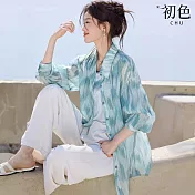 【初色】慵懶風藍色暈染休閒輕薄防曬翻領長袖襯衫外套外套女外套-藍色-12032(M-3XL可選) M 藍色
