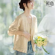 【初色】防曬簡約輕薄條紋開領口袋拉鍊長袖外套女外套-淺卡其色-12113(M-2XL可選) M 淺卡其色