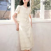 【初色】小香風花邊圓領短袖單排釦襯衫上衣女上衣+純色鏤空包臀半身裙套裝-杏色-12205(M-2XL可選) M 杏色