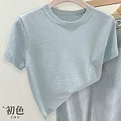 【初色】休閒透氣純色運動風針織衫短袖圓領印花T恤上衣女上衣-共4色-12199(F可選) F 藍色