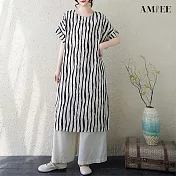 【AMIEE】棉麻寬鬆短袖條紋過膝連衣裙洋裝(KDDY-8131) FREE 大白條紋