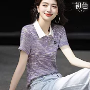 【初色】文藝風透氣花朵繡花短袖門襟釦POLO翻領打底衫襯衫上衣女上衣-共2色-12694(M-2XL可選) M 紫色