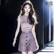 【初色】純色簡約圓領無袖背心上衣女上衣+單排釦收腰半身裙套裝-紫色-12747(M-XL可選) M 紫色