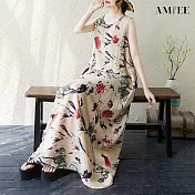 【AMIEE】棉麻印花大擺裙沙灘無袖背心連衣裙(KDDY-9912) FREE 卡其色