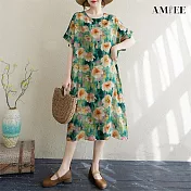 【AMIEE】棉麻大花短袖過膝中長款連衣裙洋裝(KDDY-8145) FREE 綠底花