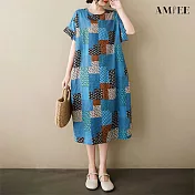 【AMIEE】棉麻印花寬鬆短袖過膝中長款連衣裙洋裝(KDDY-8142) FREE 藍色