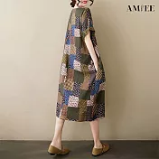 【AMIEE】棉麻拼接短袖過膝中長款連衣裙洋裝(KDDY-8143) FREE 軍綠色