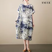 【AMIEE】棉麻復古短袖顯瘦連衣裙洋裝(KDDY-5701) FREE 藍色