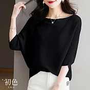 【初色】日系純色一字領減齡寬鬆五分蝙蝠袖針織衫上衣女上衣-共3色-12166(F可選) F 黑色