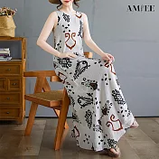 【AMIEE】幾何波西米亞風無袖圓領印花連衣裙洋裝(KDDY-8772) M 花色