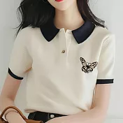 【MsMore】 白色蝴蝶polo領獨特絕美短版針織短袖上衣# 125082 FREE 白色